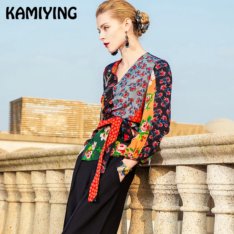 KAMIYING/Лоскутные рубашки на шнуровке для женщин сезон осень 100% натуральный шелк