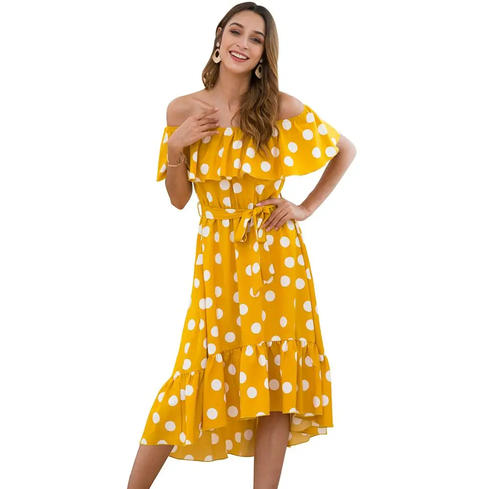 

Ruffled shoulder belt waist dress fashion polka dot print Dress