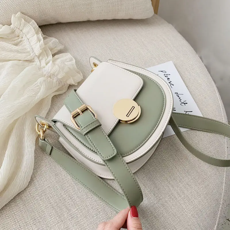 Fashion MINI Saddle Bag Women Contrast color PU Leather Good Quality Shoulder Bag Ladies Crossbody messenger Bags Shopping Bag - Цвет: Green