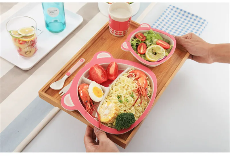 Мультфильм БАМБУК 5 шт. детская посуда экологичные дети Mealtime чаша тарелка еда столовая утварь для кормления набор таблички для ребенка