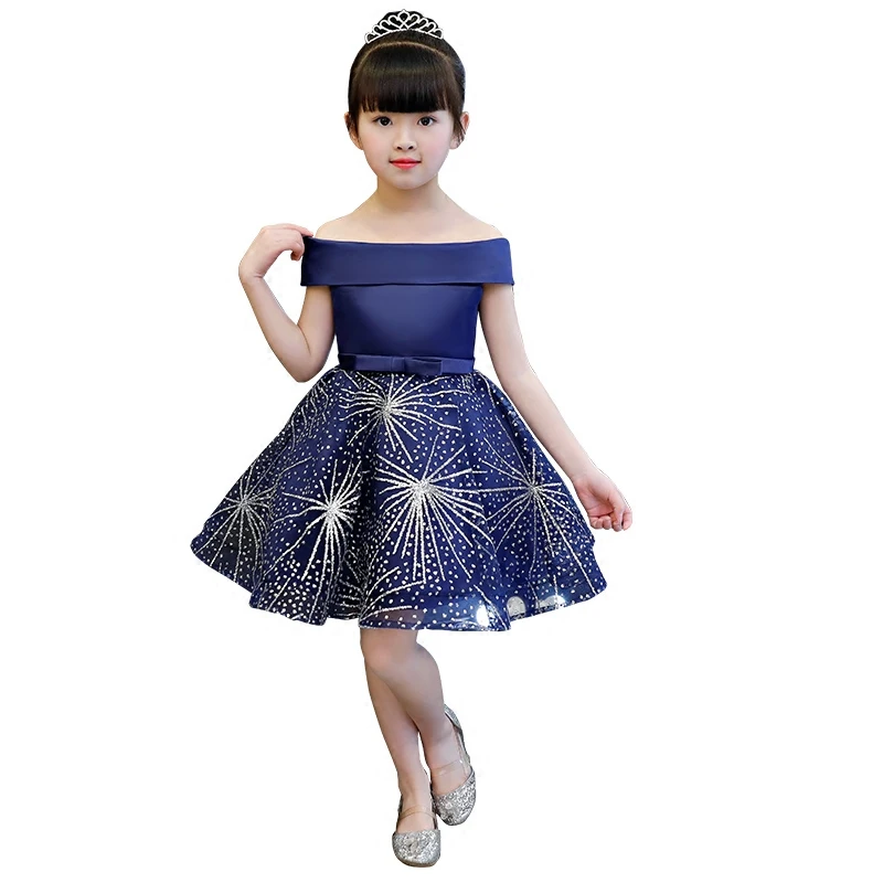 Children party dress blue star sequined ball gown birthday gift mesh satin patchwork robe wedding evening clothes one shoulder | Детская