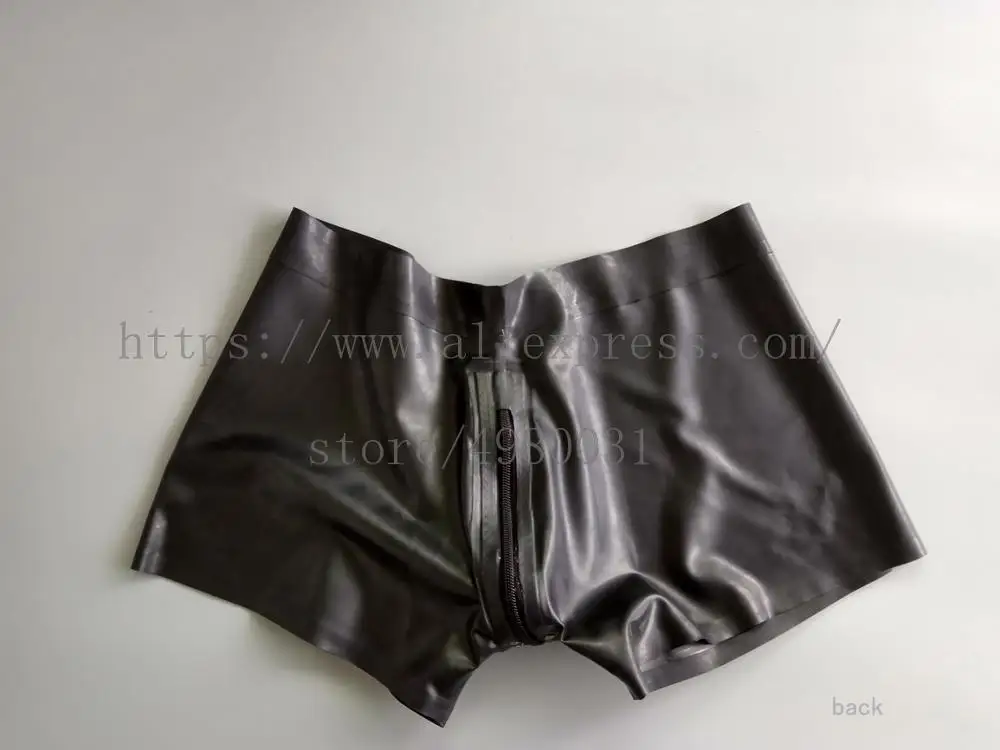 Crotch zipper design latex shorts men bottom in solid black color |