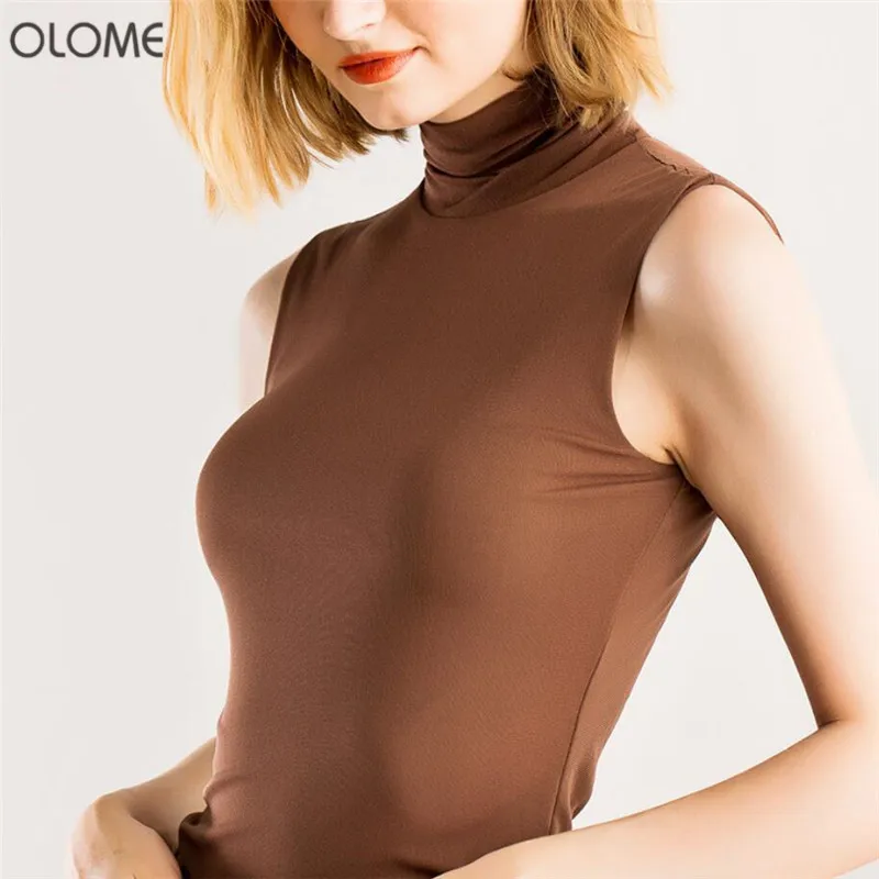 Женская укороченная рубашка OLOME белый топ без рукавов с воротником черепашкой