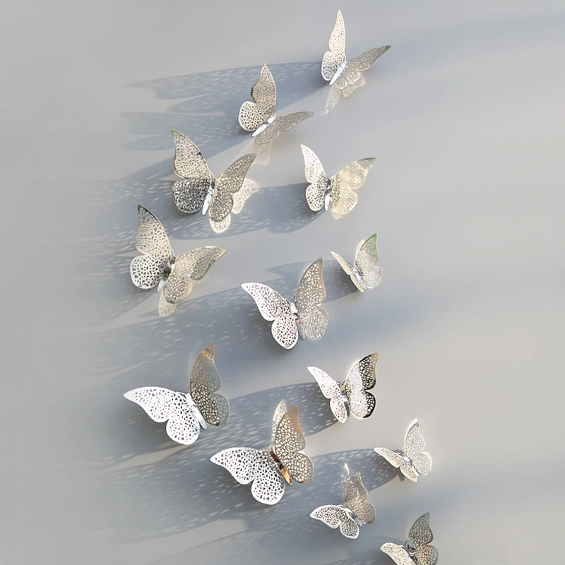 12pcs Silver B 12 шт 3D двухслойная Бабочка Наклейка на стену для домашнего декора DIY бабочки магнит на холодильник наклейки для украшения комнаты - Цвет: 12pcs Silver B