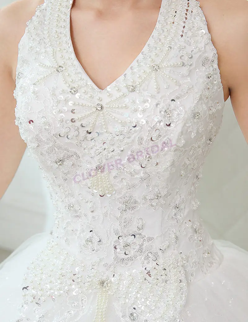 2016 New Luxury Sexy Lace Halter Pearl Tiered Bow Beaded Crystal Sequine Tassel Ball Gown Princess Wedding Dresses For Bridal | Свадьбы и