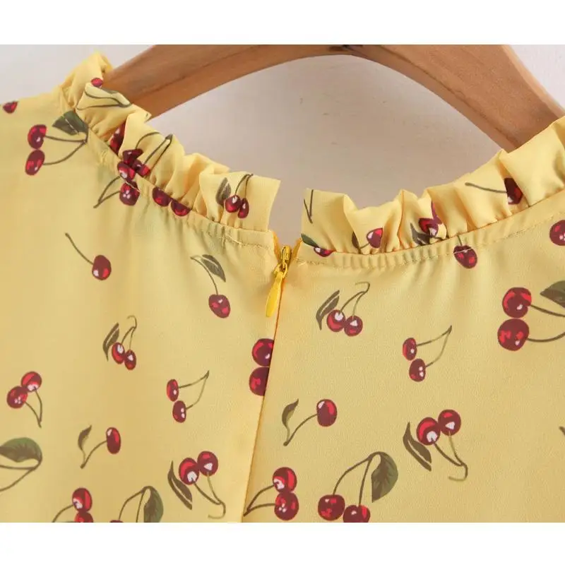 Желтый летнее платье для женщин вишня рюшами vestidos Элегантный Винтаж платья