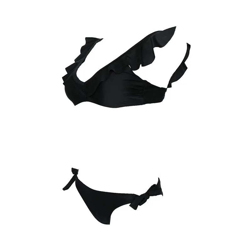 Bikishark черный зеленый комплект бикини с оборками на плечах Женский однотонный