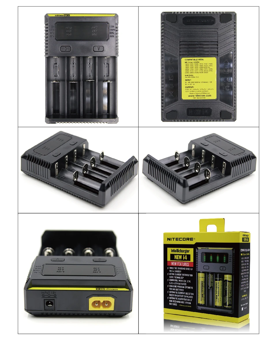 Nitecore D4 D2 I4 I2 ЖК-дисплей интеллигентая(ый) Зарядное устройство Li-Ion 18650 14500 16340 26650 AAA AA 12V Батарея Зарядное устройство автомобиля ЕС