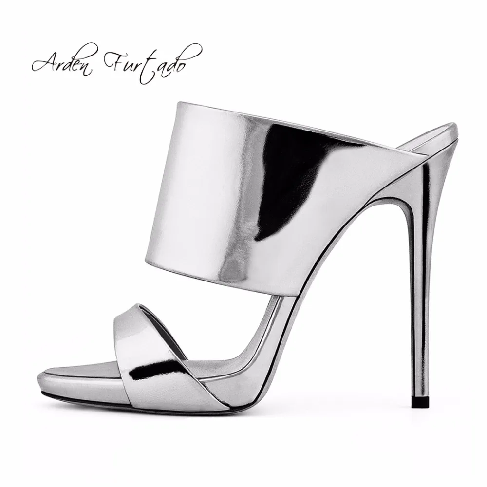 Летние туфли на высоком каблуке 12 см золотистые серебристые модные тапочки