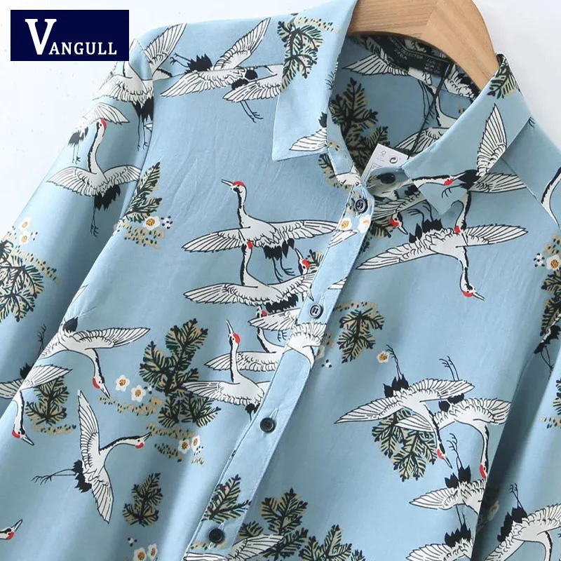 Crowned crane blouse women tops swan birds print shirt blouses 2018 new long sleeve shirts sky color chemise femme blusa |