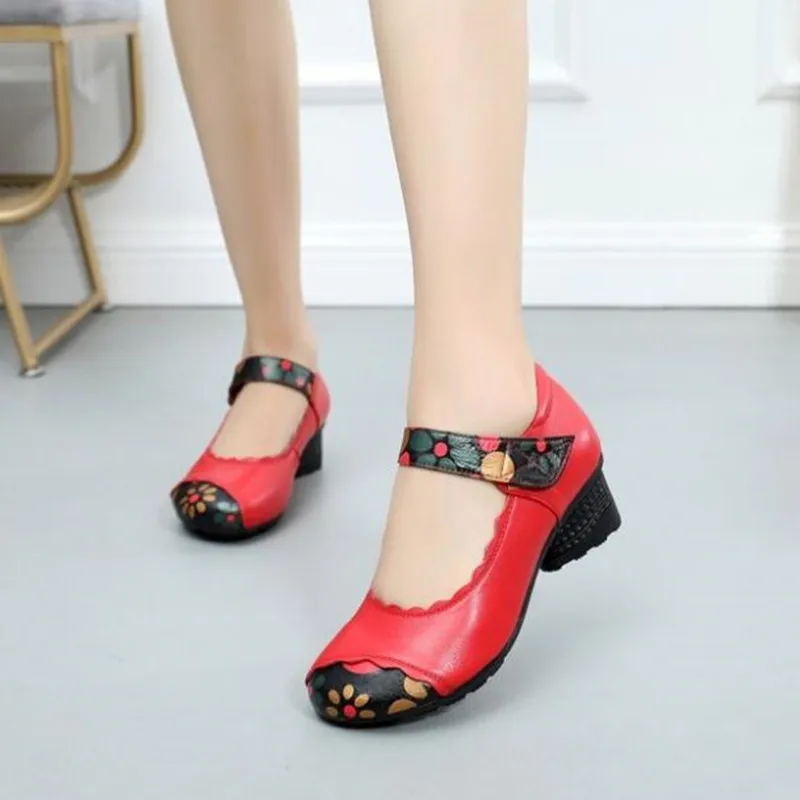 

2019 Autumn New Printed Genuine Leather Shoes Women High Heel Shoes Large Size Comfortable Mother Fashion Shoes