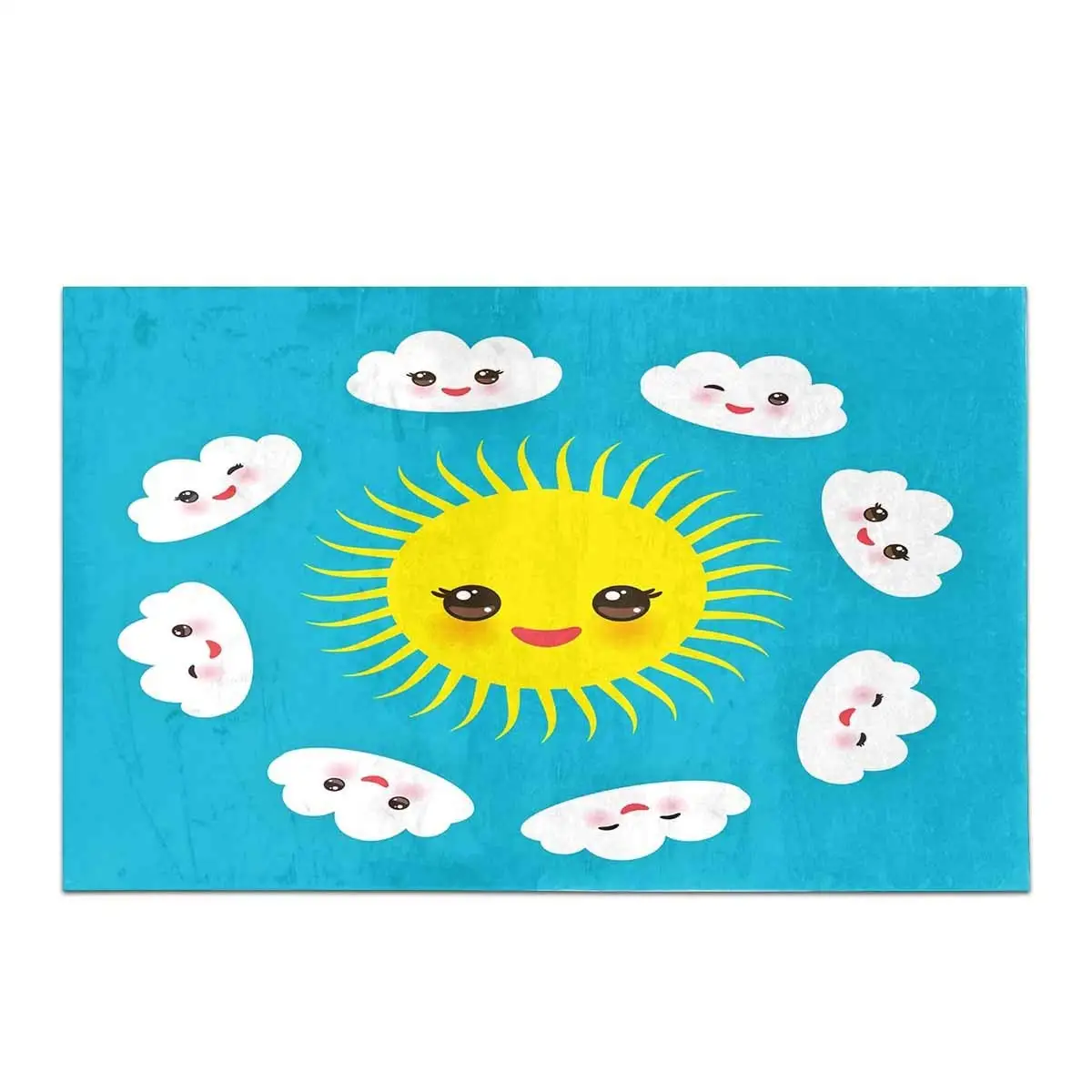 Kawaii забавный желтый Sun белые облака Набор Морда с розовыми щечками и подмигивая