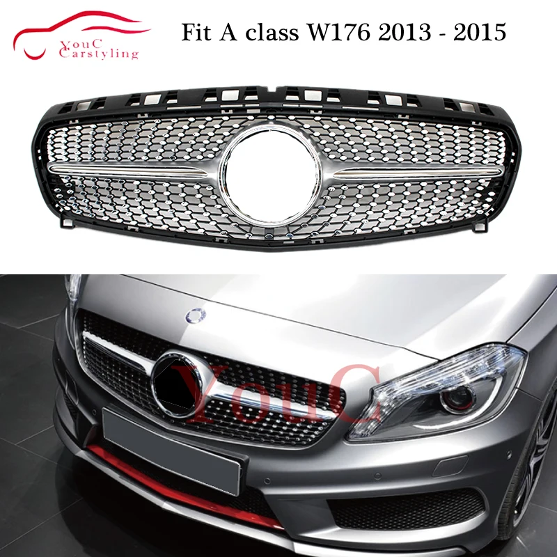 

W176 Diamond Grille ABS Replacement Black & Silver Grills Mesh For Mercedes A Class W176 2013 - 2015 A180 A200 A250 A45 AMG