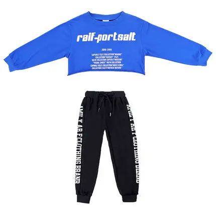 Blue Black Suit Midriff-baring/укороченная Толстовка костюм со штанами для бега детская одежда в стиле хип-хоп джазовая одежда костюмы для уличных танцев для девочек - Цвет: Blue Black Suit