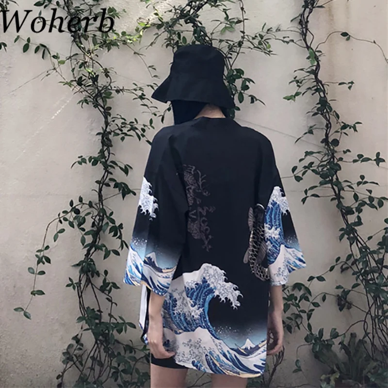 Woherb размера плюс топы кимоно кардиган для мужчин и женщин Летняя Блузка