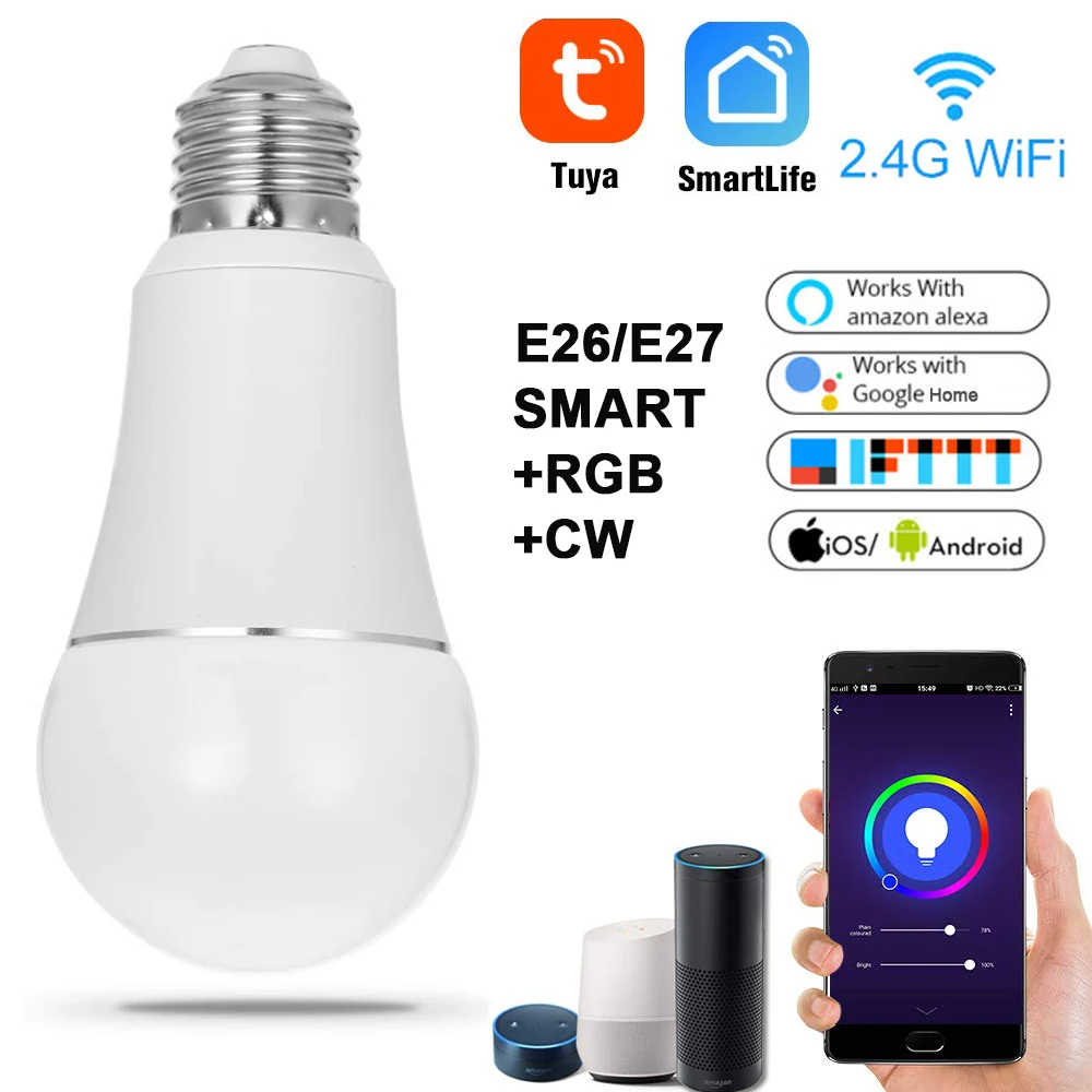 WiFi RGB CW Голосовое управление мощная светодиодная лампа E27/E26 умная с регулируемой