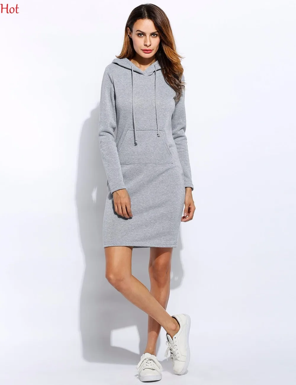 Осенне зимнее женское платье с капюшоном Повседневное длинными рукавами и в