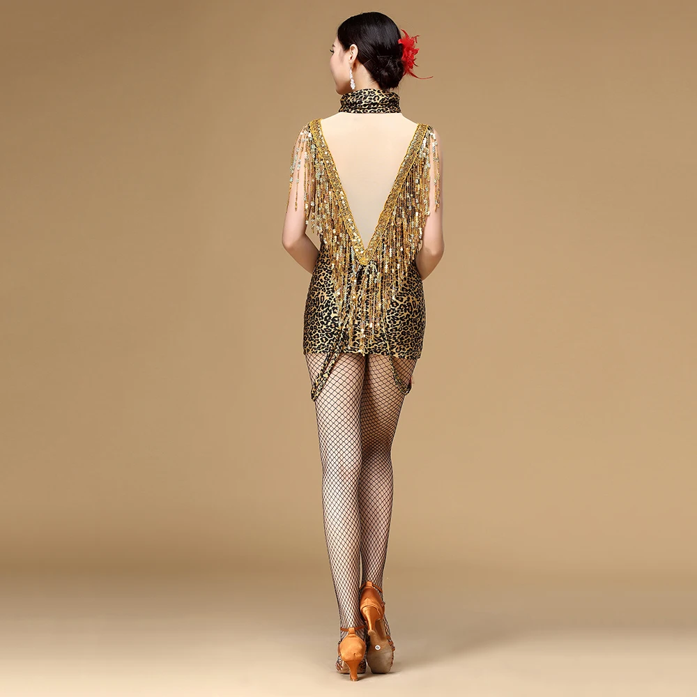 2018 Sexy New Lady Latin Dance Dress Backless Leopard Tiger V-Letter Sequins-Tassels Vestidos Para Meninas Rumba Samba Salsa |