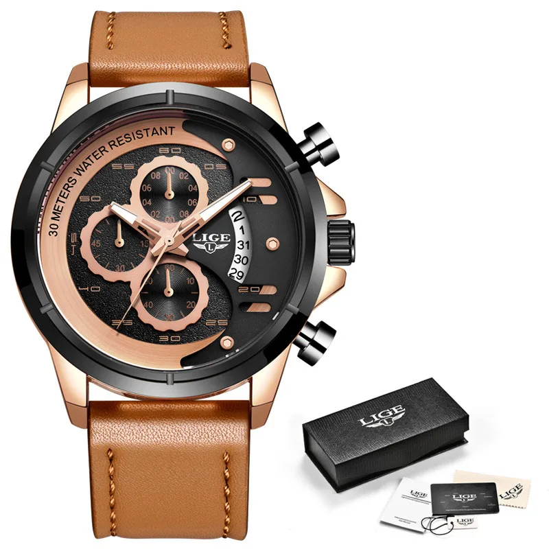 Black rose gold Наручные часы lige Лидирующий бренд Мужские часы с хронографом спортивные водонепроницаемые часы Мужские часы военные Роскошные мужские часы Аналоговые Кварцевые - Color: Black rose gold