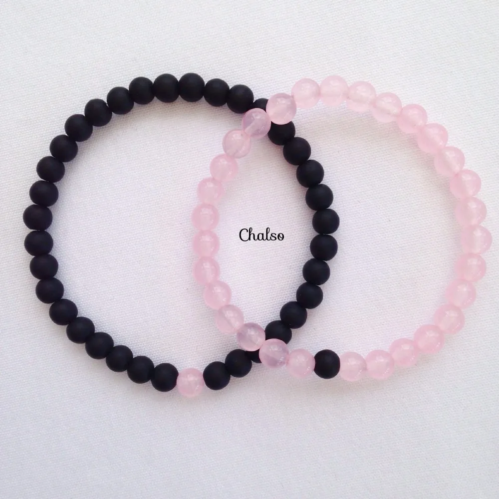 2 шт. в комплекте матовый черный оникс/черный оникс браслеты с розовыми