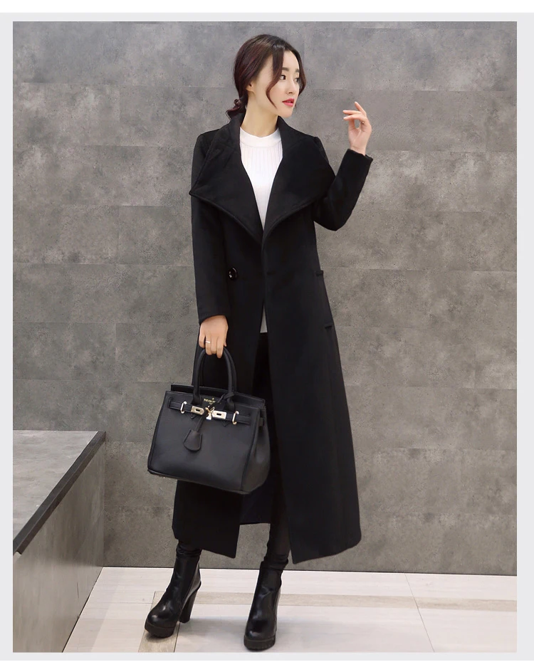 Женское шерстяное пальто длинное приталенное однотонного цвета с поясом