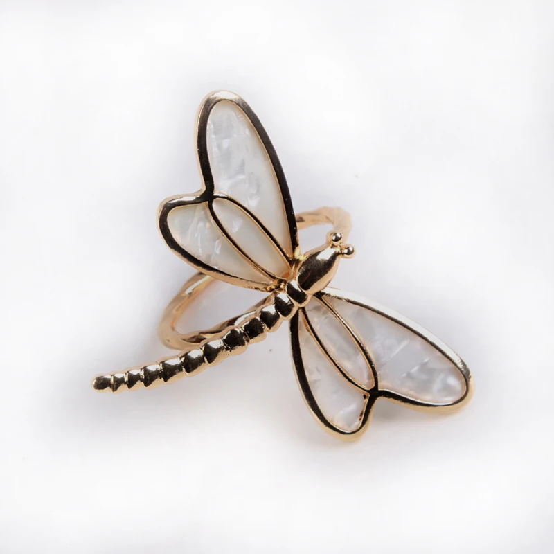 Shiny Gold Plated Seashell with Clear Crystal Stones Jeweled Dragonfly Design Metal Alloy Napkin Rings Set of 6 Pieces | Дом и сад