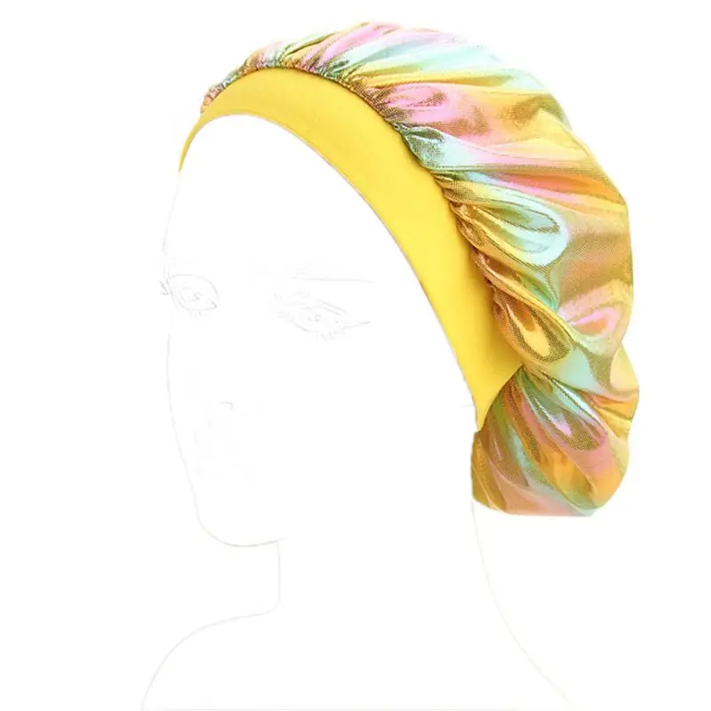 

Women Faux Silk Bonnet Wide Band Soft Sleep Cap Glitter Reflective Rainbow Colorful Head Covering Ruched Hair Loss Chemo Cap
