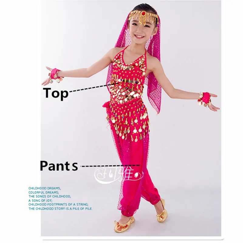 Rose Red 2pcs Детский набор костюма для танца живота Восточный танец девушки танец живота Индия танец живота одежда танец живота дети Индийский 6 цветов - Цвет: Rose Red 2pcs