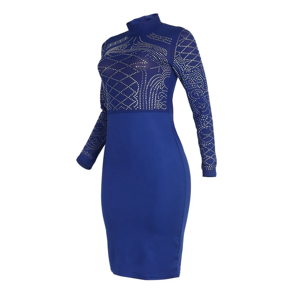 2017 Spring Dress Длинные Рукава Синий Цвет Колен Водолазка Оболочка Женщины Платье |