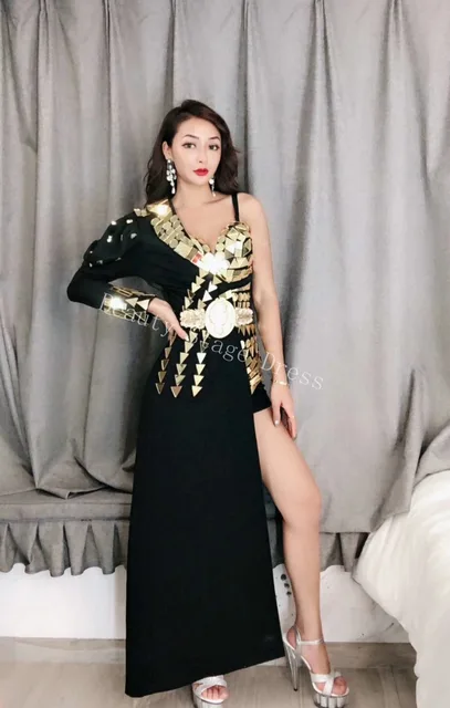 New Design Golden Mirror Black Playsuits Long Windbreaker One Shoulder Jacket Singer Hosting Master of Ceremony DJ Stage Costume 6