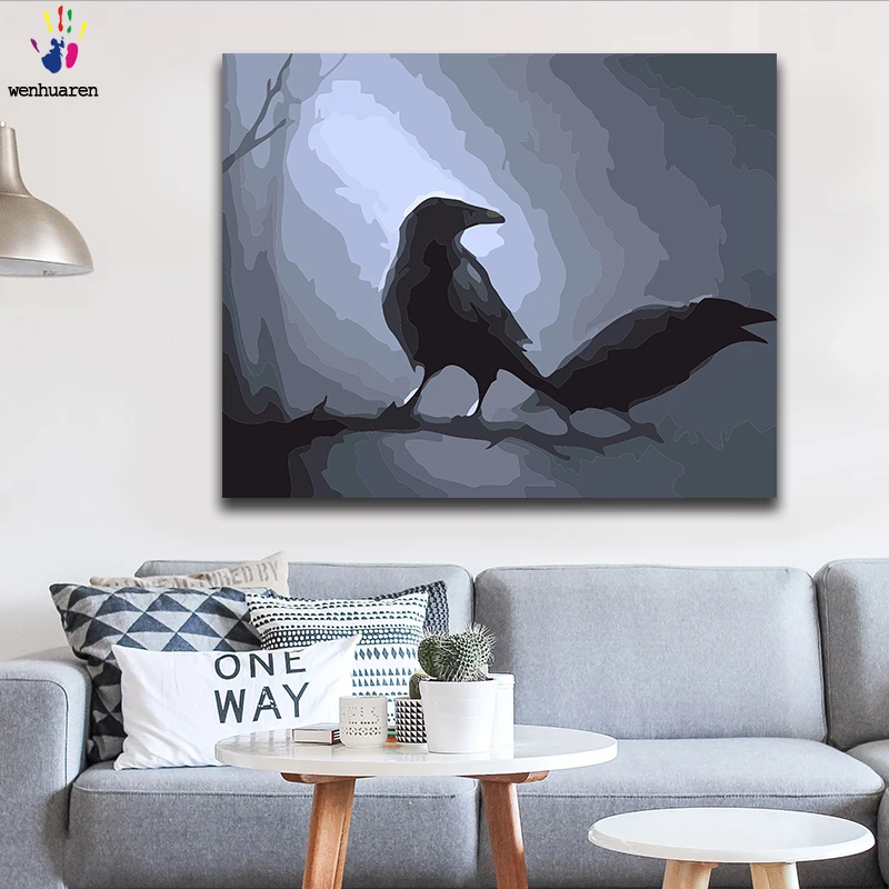 DIY Coloring paint by numbers Crow in the dark paintings with kits 40x50 framed | Дом и сад