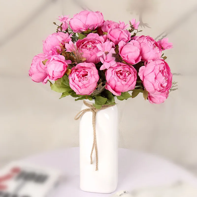 13heads rose red 1 букет, 13 голов, Искусственный Пион, Шелковый цветок, искусственные цветы, осень, яркий пион, Искусственный лист, свадебное украшение для дома, вечеринки, Рождества - Цвет: 13heads rose red