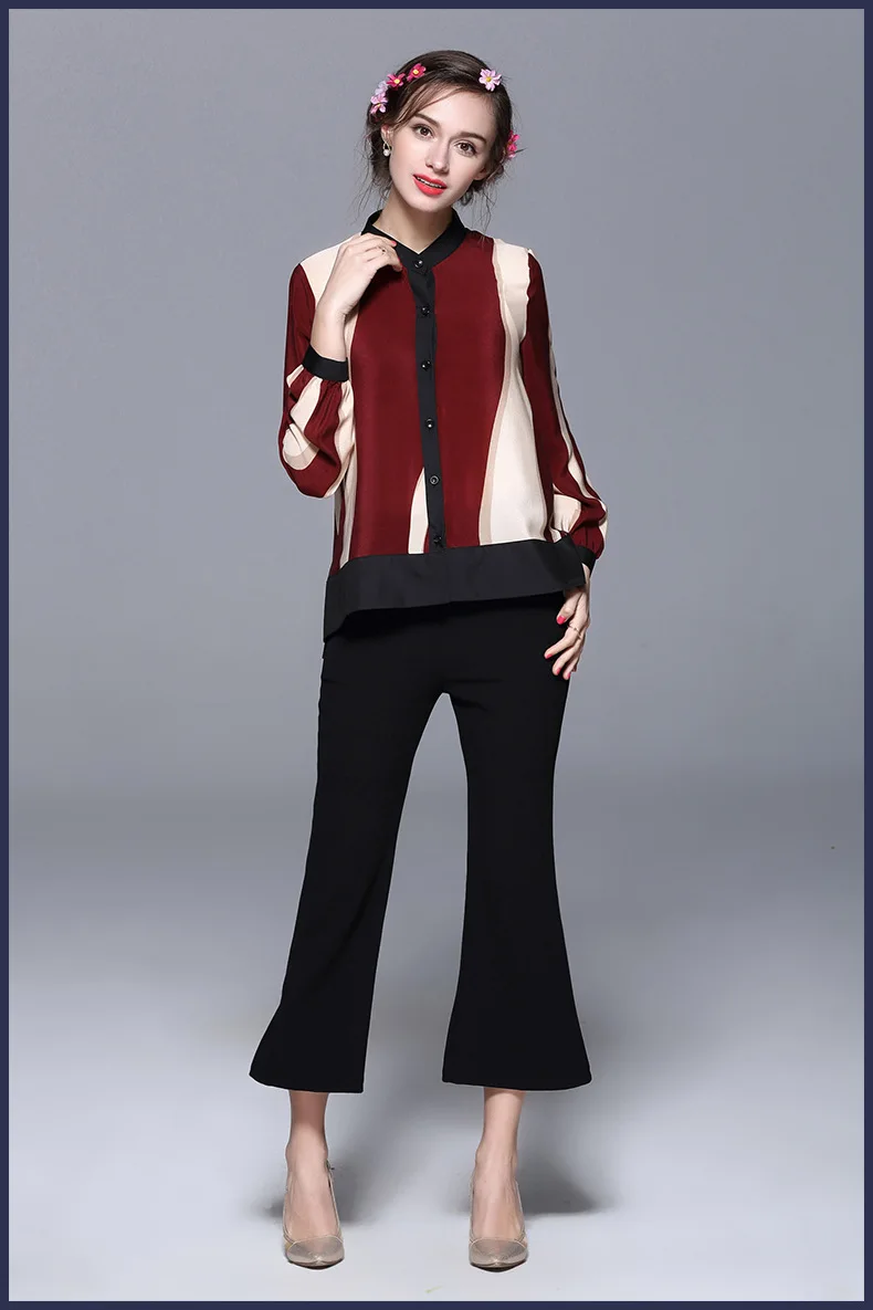 Hot sale spring summer new fashion women long sleeve silk shirt Lady stand collar striped blouse 100% Female loose |