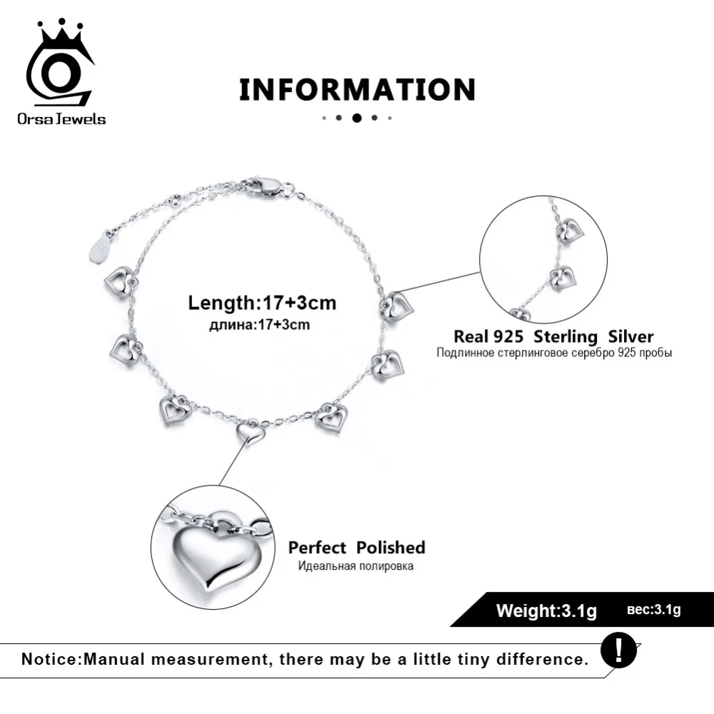 ORSA JEWELS Настоящее 925 пробы серебряные женские браслеты в форме сердца полированные девушки любят Свадебные серебряные украшения подарки SB37