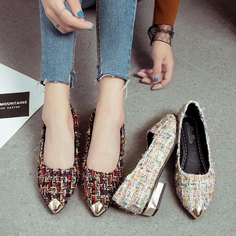 

New Stryle Women Flats Gold Toe Slip on Flat Shoes Metal Pointed Toe Woman Shoes Plaid Boat Shoes Shallow Ladies Shoes887