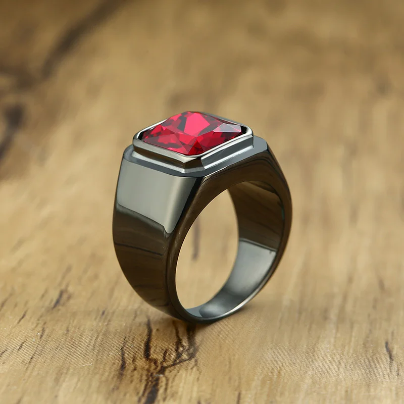 Vantage Black Stainless Steel Men's Signet Ring Square Red Zircon Stone Party Brands Fashion Male Classic Jewelry