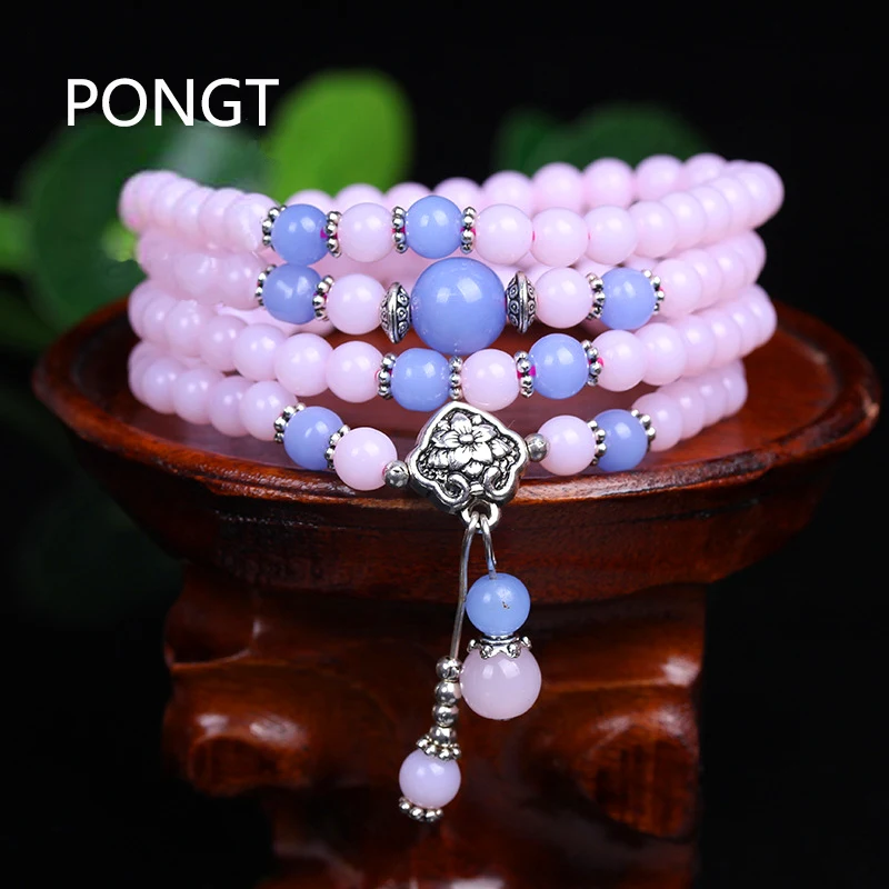 2017 fashion chakra bracelet men-women Pink Chalcedony Beaded Bracelet crystal Energy natural stone necklace |