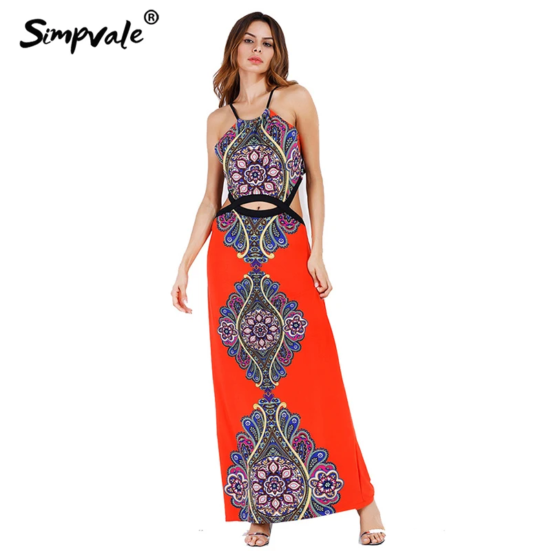 SIMPVALE Boho Стиль принт пупка платье Женский вырезать рукавов ремни Макси платья