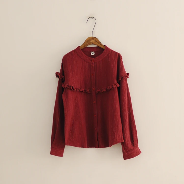 ruffled patchwork solid color long sleeve basic shirt blouse Female |
