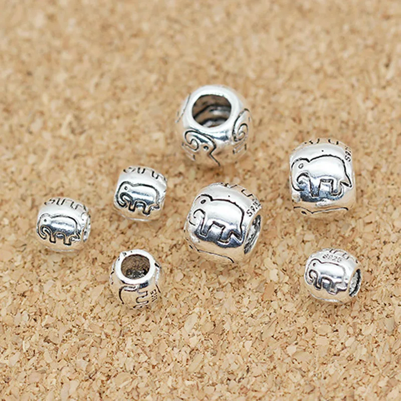 5Pcs/lot S925 Sterling Silver Lucky Beads Thai Elephant Pattern Big Hole DIY Bracelet Bead Necklace Pendant For Jewelry Making