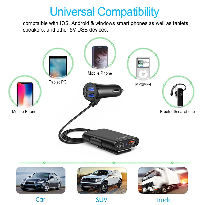 Powstro 3 0 Быстрая автомобильная зарядка + 2.4A 3.1A 4 USB части с удлинителем футов кабель