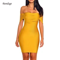 sexy off shoulder dress tassels bodycon party night club bandage vestidos new strapless fashion women mini fringe dresses yellow