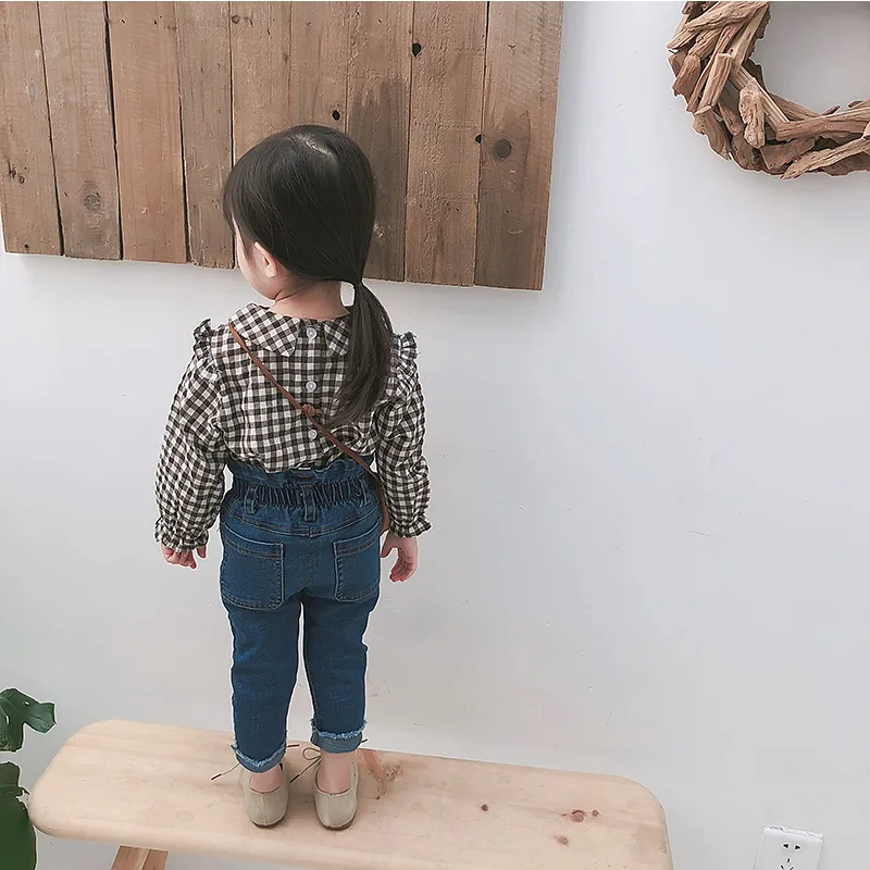 Autumn New Arrival cotton all-match plaid pattern Ear Fungus collar lovely Long Sleeved shirt for cute sweet baby girls