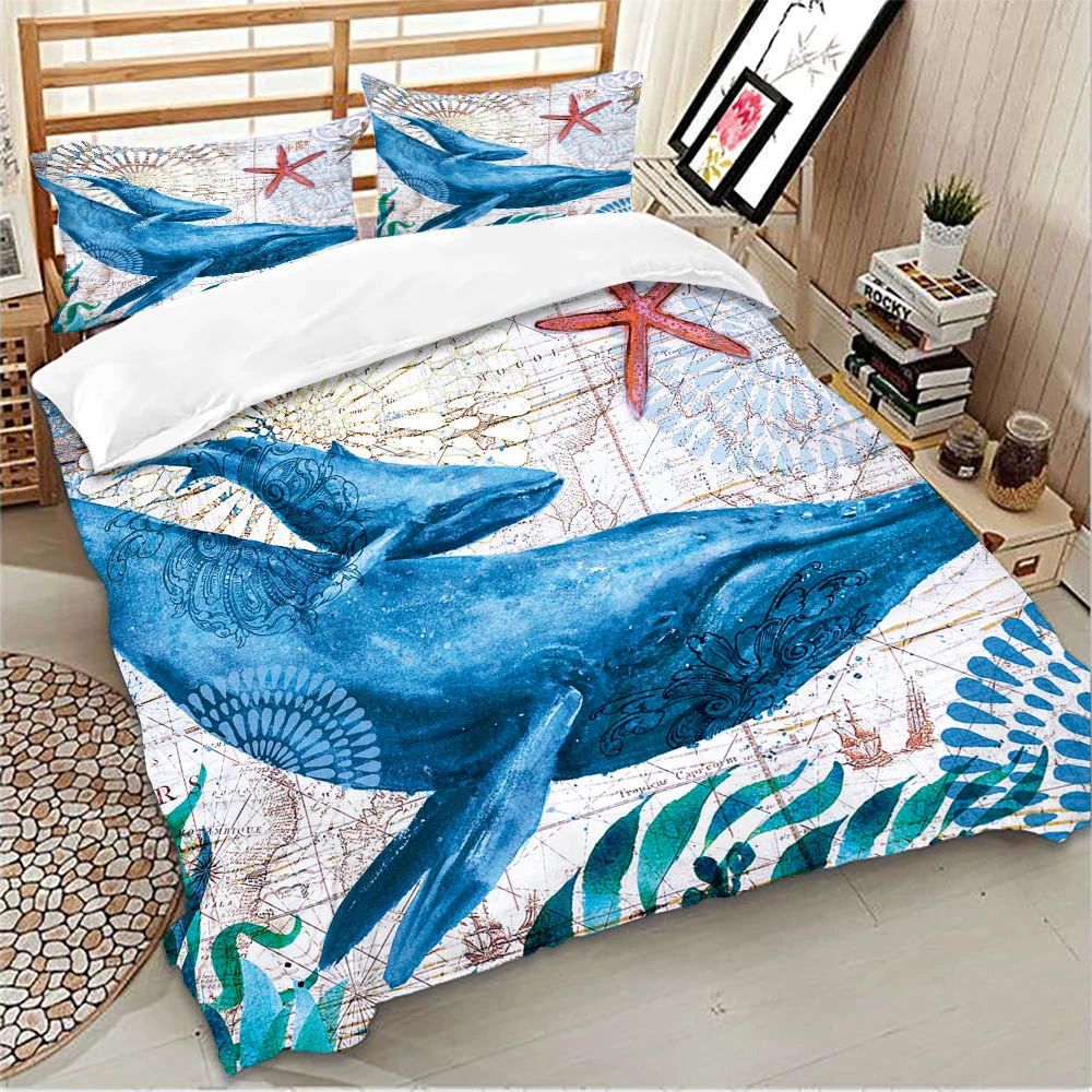 Nordic Ocean Whale Comforter Cover Bed Duvet Set Kids Bedding Linens Soft and comfortable Bedclothes US Twin Queen | Дом и сад