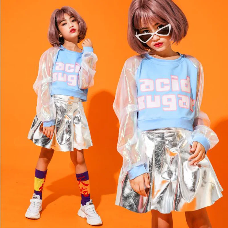 

Kids Sequined Sweatshirt Sliver Skirt Hip Hop dance wear Suits Jazz Dance Costumes Girls Ballroom Dancing Clothes Outfits