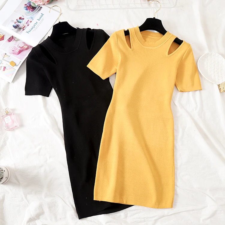 Women knitted cotton mini dress 2019 summer autumn fashion female elastic short sleeve backless sheath skinny sexy club | Женская одежда