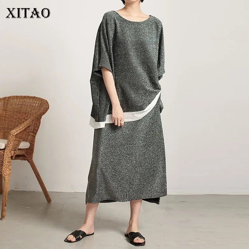 XITAO/комплект из двух предметов серебряный топ с круглым вырезом Лоскутная новая