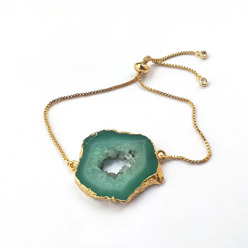 5Pcs Nature geode quartz connector bracelet Green drusy stone with Gold Plating Chain adjustable Jewelry Bracelets BG286 | Украшения и