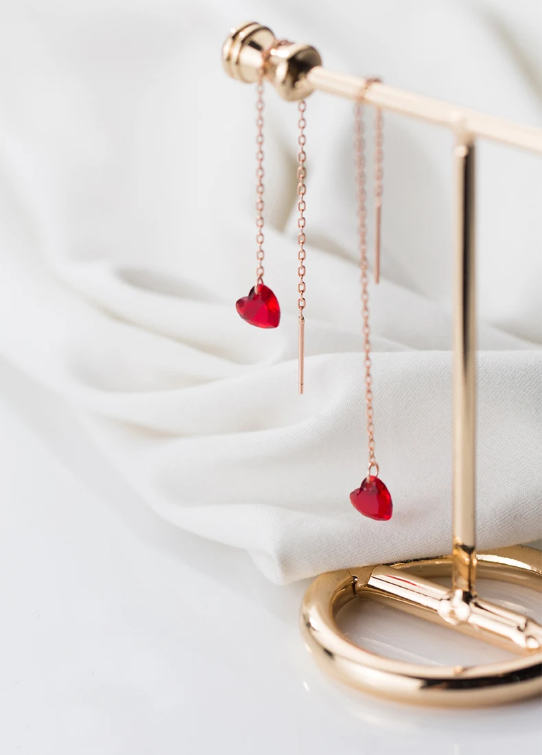 MloveAcc, серебряные серьги-капли с красным сердцем из натуральной 925 пробы для женщин, серьги с длинной цепочкой в форме сердца, ювелирные изделия из стерлингового серебра