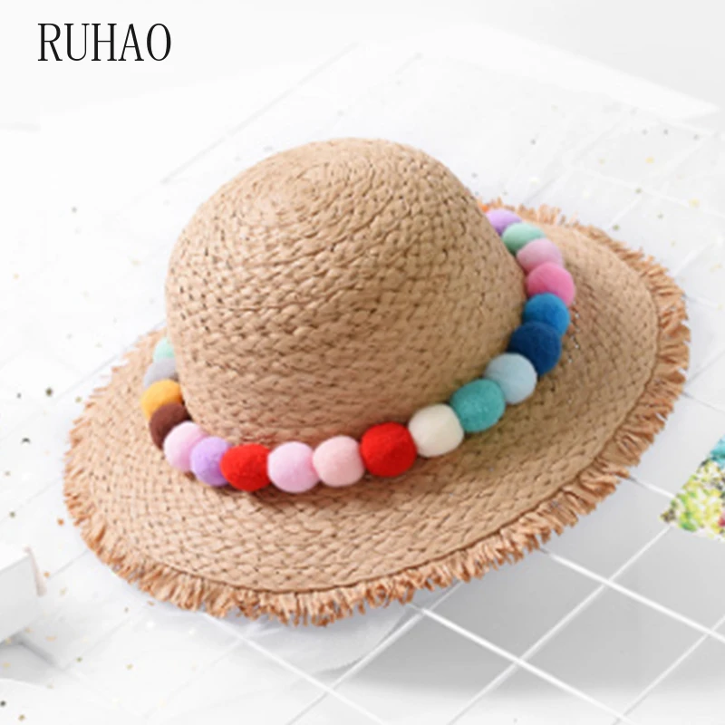 

RUHAO New Child sun Hats Summer color ball Casual Style kids Sun hat Girl Floppy Wide Brim Beach Cap Flower Straw visors hats